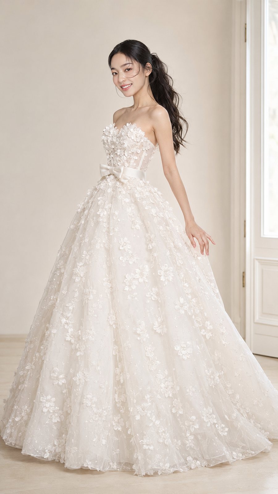 Mina gown in the atelier — 3D flower appliqué bodice with satin bow