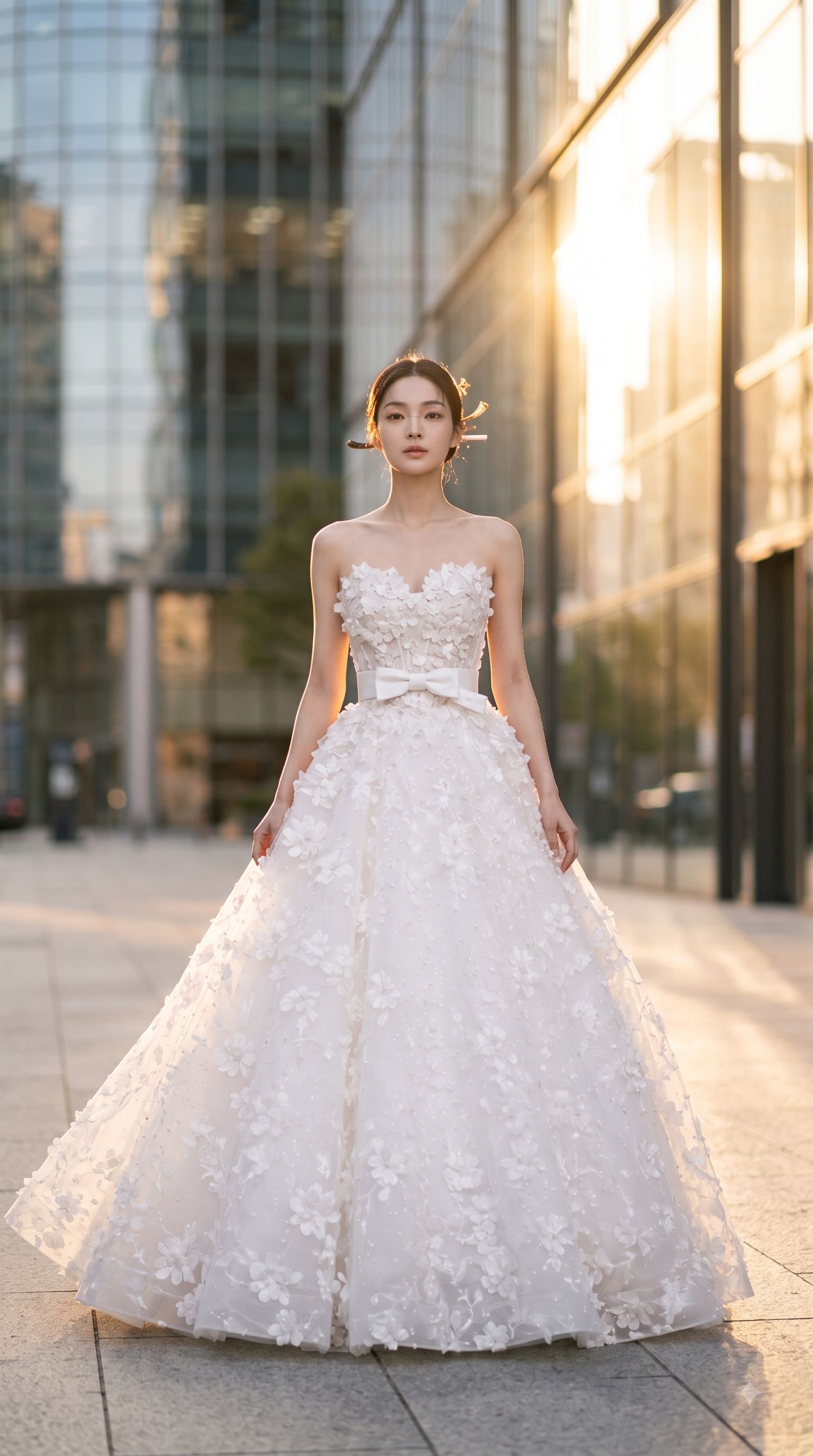 Mina gown with 3D flower appliqué, photographed at golden hour in Gangnam, Seoul