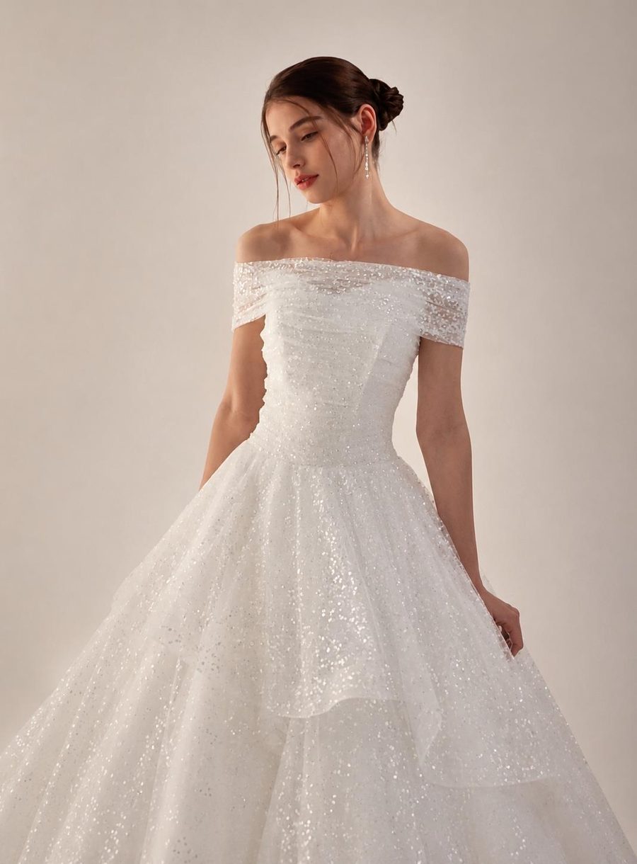 Style 26·01 — shirring tulle gown with beaded lace bodice