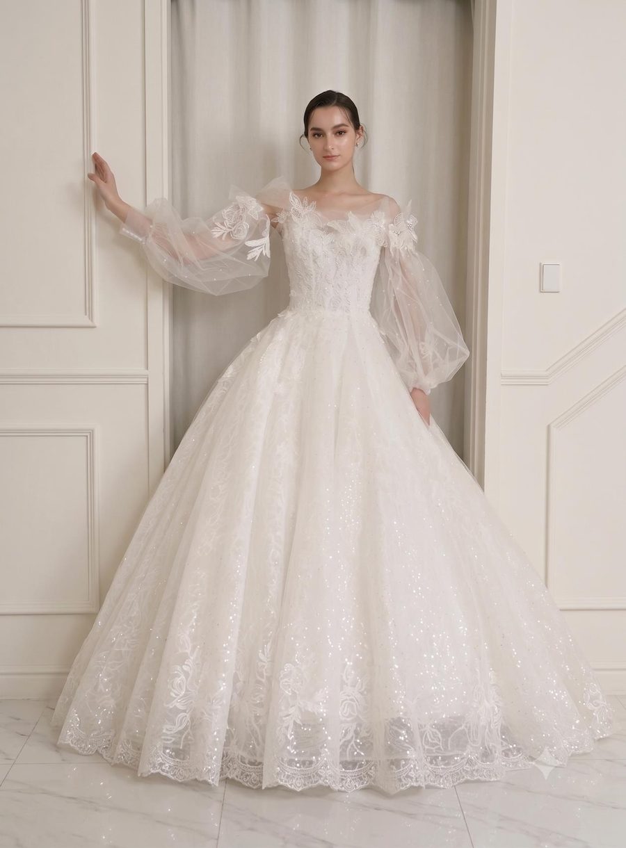 Style 26·02 — balloon sleeve gown in sequin lace